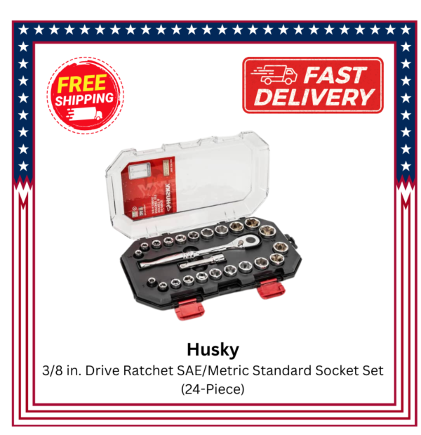 Husky 3/8in. Drive Ratchet SAE/Metric Standard Socket Set (24-Piece)