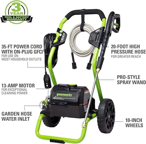 Greenworks 2000 PSI 13 Amp Electric Pressure Washer – Perfect for Cars, Fences, Patios, and Driveways