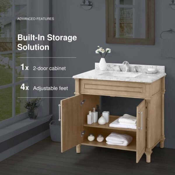 Home Decorators Aberdeen 36 in. Antique Oak Bath Vanity w/ Carrara Marble Top – Pre-Assembled